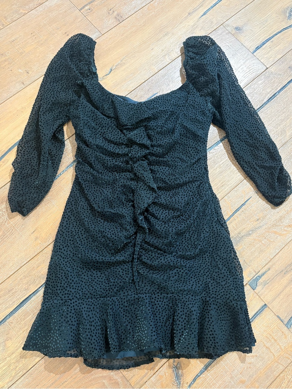 ASTR The Label Forest Green Velvet Flocked Dot Ruched Ruffle Mini Dress M